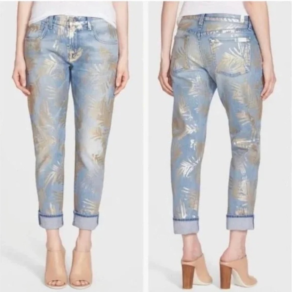 7 For All Mankind, Gold Leaf Palm Print, Women’s Cropped Jeans, Size 26